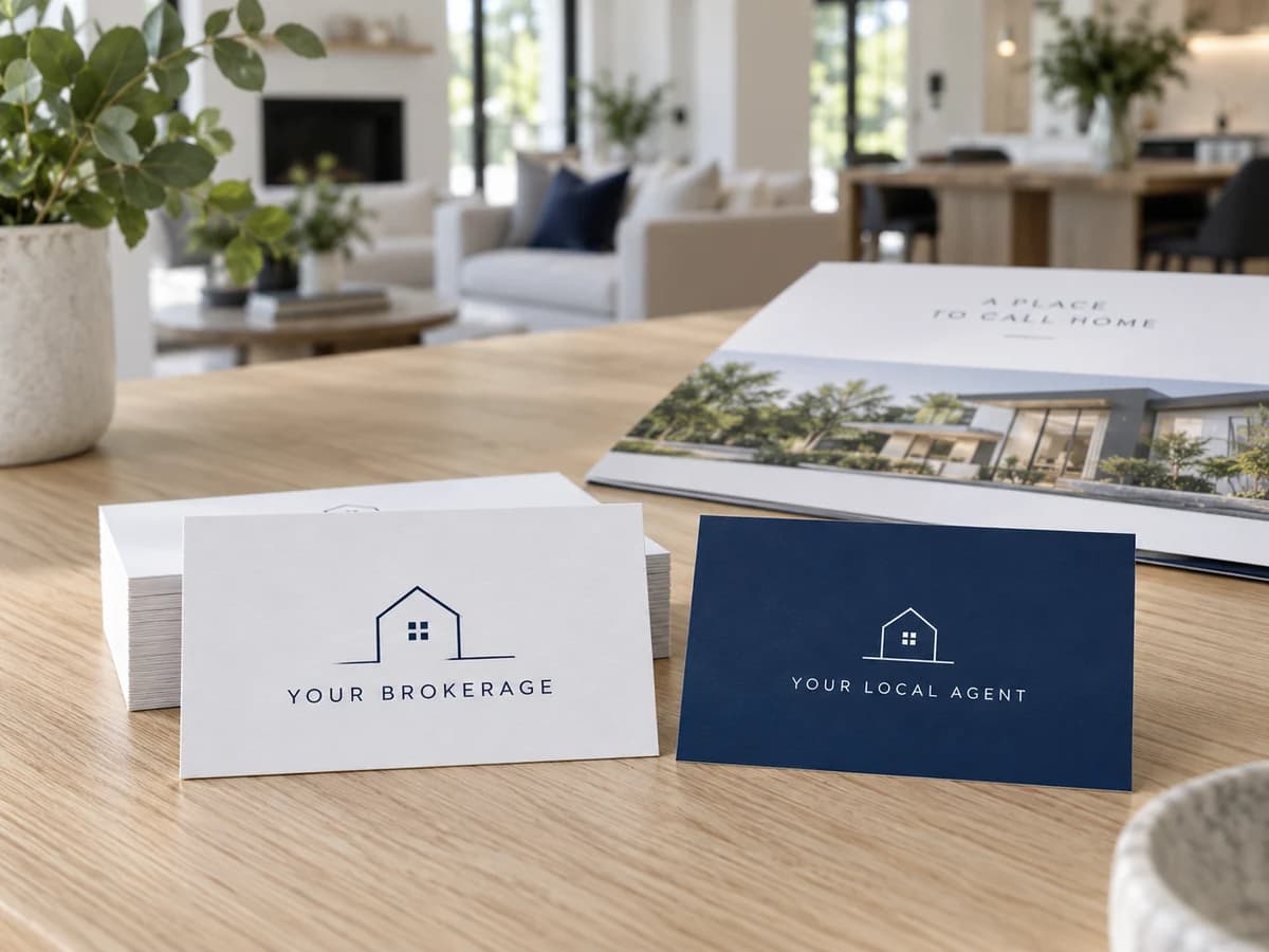 Sample real estate business cards on a table at an open house