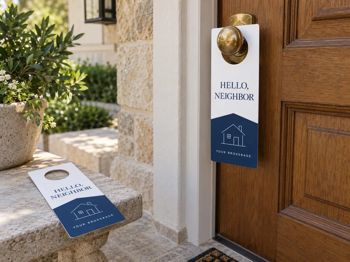 Sample blue and white real estate door hanger on a residential front door