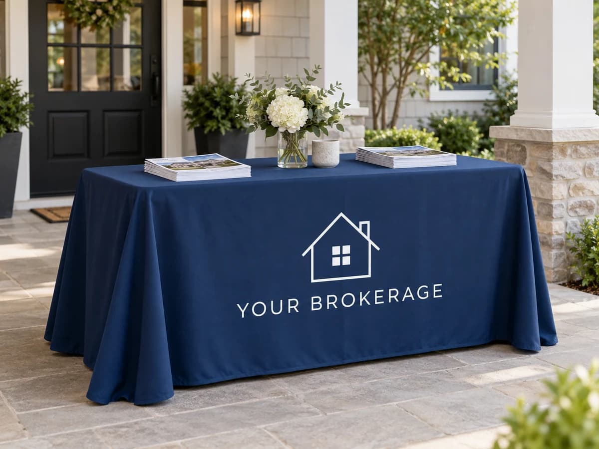 Sample blue brokerage table cover with property handouts at an open house entrance