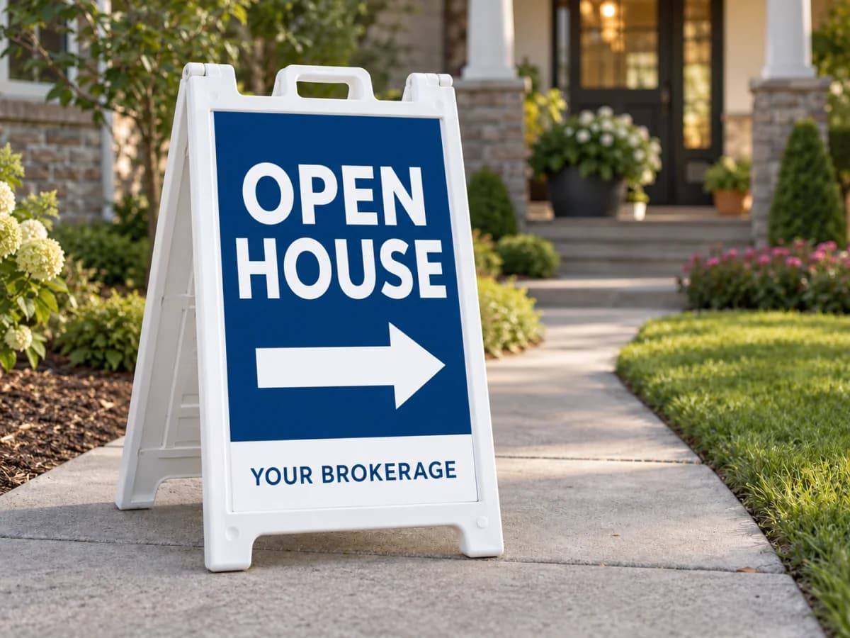 Sample open house A-frame beside a residential walkway