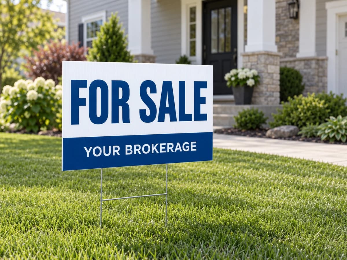 Sample for-sale yard sign installed in front of a home